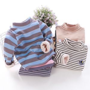 Tshirts Children's Fleece Striped Tshirt Autumn Thick Warm Baby Base Shirts Boys and Girls Turtleneck Topps Kids kläder 40 230301