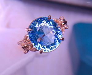 Klusterringar E2023 Aquamarine Ring Fine Jewelry Pure 18K Gold Natural 4,8ct Blue Gemstones For Women Födelsedagspresenter