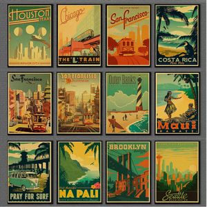 Obrazy Hawaii Aruba Brooklyn San Francisco Travel Plakat Retro Canvas Malowanie sztuki ścienne Vintage Dekoracyjne plakaty do baru Woo