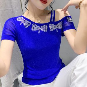 Women's T Shirts 2023 Summer Short Sleeved Women's T-Shirt Fashion Sexy Skew Collar Off The Shoulder Drilling Tops Camisetas Blusas
