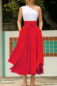 Skirts Women Red Maxi Skirt High Waist Pleated Holiday Beach Party Solid Color Long Bandage Bowknot Big Swing