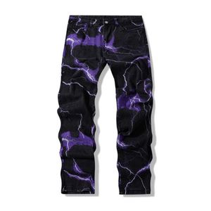 Men's Jeans 2021 Vibe Style Lightning Print Tie Dye Men Straight Y2K Jeans Trousers Hip Hop Vintage Harajuku Women Denim Pants Ropa Hombre Z0301