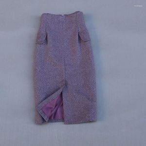 Spódnice zimowe jesieni biuro panie o wysokiej talii spódnica zamek błyskawiczny Slim Fit Długość kolanowa Plaid Vintage eleganckie kobiety podzielone