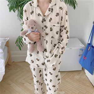 Kvinnors sömnkläder söt tecknad björn kawaii hemkläder kvinnor pyjama set höst vinter crepe bomull andas mjuka hemkläder damer sui