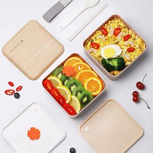 Set di stoviglie Set di contenitori per il pranzo a doppio strato senza BPA Set di contenitori quadrati Bento per microonde in stile legno per studenti lavoratori