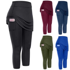 Autumn And Winter Leggings Wearable Fake Two Piece Womens Casual Pocket Sports