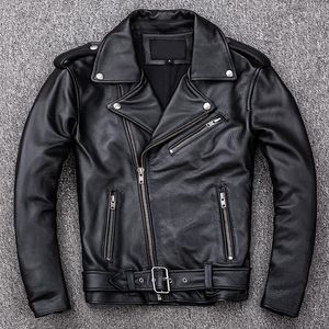 Herren Leder Frühling Klassische Motorrad Oblique Zipper Jacken Männer Jacke Natürliche Kalbsleder Dick Schlank Rindsleder Moto Biker Mann