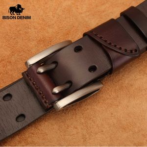 Belts BISON DENIM Mens Genuine Leather Belt Vintage Jeans Belt Strap Double Pin Buckle Designer Leather Belts For Men Male Gift N71247 Z0228