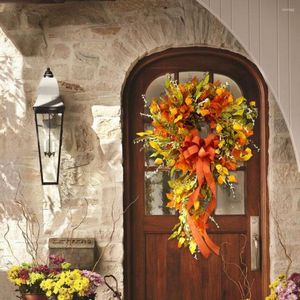 Decorative Flowers Orange Useful Autumn Leaf Artificial Bow Wreath Durable Door Garland Rustic For Yard