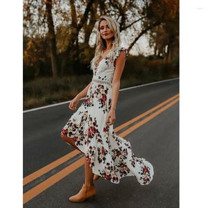 Casual Dresses Women's Sexy Summer Vintage Boho Long Dress Party Wedding Dating Floral Lace Panel Backless Beach Skirt