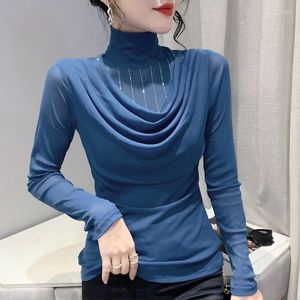 Women's T Shirts 2023 Autumn Winter Turtleneck Women's T-Shirt Fashion Casual Solid Color Long Sleeved Drilling Mesh Tops Blusas