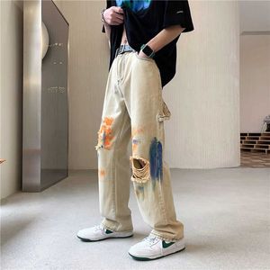 Men's Jeans Khaki Ripped Jeans Men Fashion Casual Baggy Wide Leg Jeans Mens Streetwear Loose Hip Hop Hole Straight Denim Pants Men Trousers Z0301