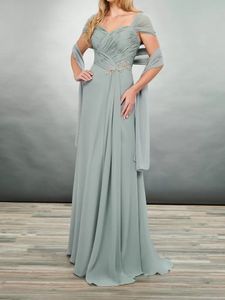 Elegante Chiffon-lange Mutterkleider für Hochzeiten, Träger, Falten, A-Linie, Hochzeits-Party-Kleider mit Perlen, einfaches Kleid für die Mutter des Bräutigams, Abschlussball, Abendkleid, Robe-Outfit