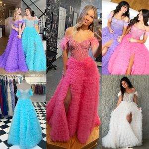 Ruffled Skirt Ballgown Prom Dress 2k23 Beaded Corset Top Pageant Gown Off Shoulder Feathered Sleeves High Slit Formal Event Party Runway Quince Lilac Aqua Candy Pink