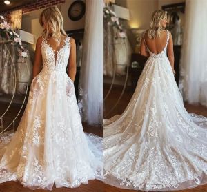 Abiti da sposa sexy in pizzo senza schienale con tasca una linea V per il collo Appliques tulle estate boho da sposa abiti da sposa su misura bc15302