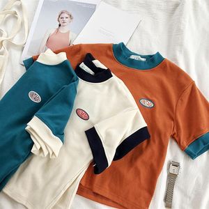 Summer Korean Women Cotton Crop Tops Ringer Tee Short Sleeve Vintage Tee Shirt Kvinna Blue White Orange T-shirt309g