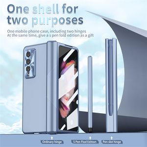 Magnetic Hinge Electroplated Folding Tempered Glass Phone Case for Samsung Galaxy Z Fold3 Fold 4 5G Shell with Stylus Touch Pen