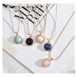 CAR DVR PENDANT NACKLACES Kvinnor Halsband 17mm Round Lapis Lazi Pearl Turquoise Rose Natural Stone Quartz Gold Snake Chain Accessories Drop D DHZ31