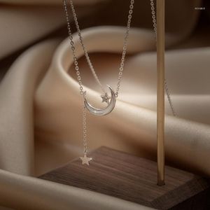 Pendant Necklaces Product Zircon Star And Moon Net Red Fashion Titanium Steel Necklace Female Wild Light Luxury Clavicle Chain