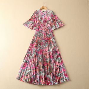 2023 Spring Pink Paisley Print Pleated Dress 1/2 Half Sleeve Round Neck Panelled Long Maxi Casual Dresses S3F281222 Plus Size XXL