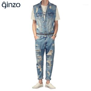 Mäns jeans Casual ärmlös fotledslängd Överaller Hål rippade denim avtagbar jumpsuits1