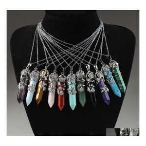 car dvr Pendant Necklaces Natural Healing Stone Crystal Pendum Necklace Pink Rose Quartz Chakras Hexagon Prism Leaf Flower For Gift Jewelry Dhkba