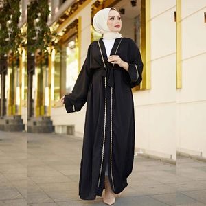 Etniska kläder muslimska lång klänning Abaya Dubai Jalabiya Gold Ribbon Cardigan Robe Oppen Femme Musulman Outwear Coat