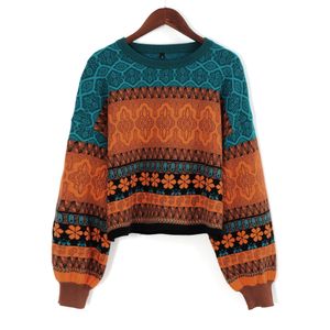 Kvinnors tröjor kvinna kort tröja retro chic skarvning färg vinter unga flickor varma kläder stickat blommmönster pullover för kvinnor 230301