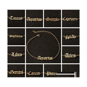 car dvr Anklets Wholesale Zodiac Sign Punk Charm 12 Constellation Classic Letter Ankle Bracelet Stainless Steel Jewelry Women Gift Drop Deliv Dhewe