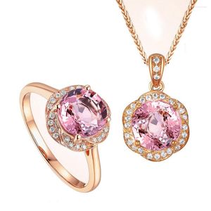 Necklace Earrings Set Ociki Rose Gold Color CZ Cubic Zirconia Pink Crystal Pendant And Ring Jewelry Choker Womens Gift Drop