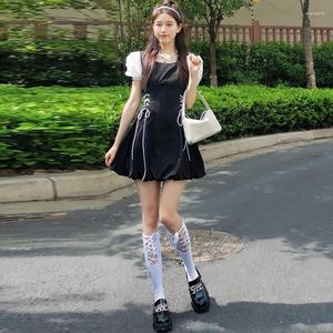 Party Dresses 2023 Summer Sweet Girl Black Dress Women One-Piece Korean Ladies Bandage Lace Draw Back Puff Sleeve Mini Vestidos