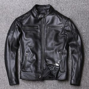 Jaqueta de couro masculino genuíno masculino case de cheiro de chão de moda de moda motociclista de motocicleta