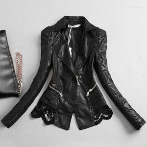 Jackets femininos 4xl! Jaqueta de couro de outono Mulheres Motocicleta Pu Black Lace PU