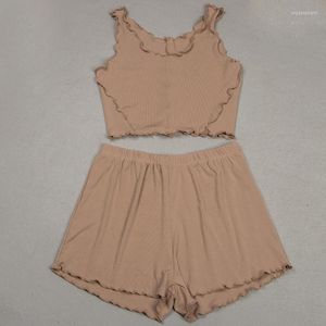 Damen-Tanks, Sommer, schlankes Tank-Set, Damenmode, zweiteilig, weich, einfarbig, Weste, Crinkle-Rand-Shorts, weiblich, lässig, sexy, Sportkleidung