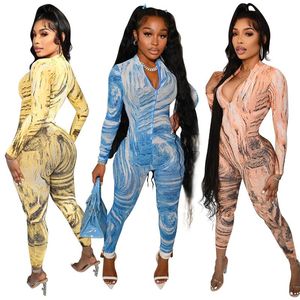 Kvinnors jumpsuits rompers Autumn Women Corrugated Printed Zipper Slim Sexig Jumpsuit Skinny BodyCon Club Outfits For Clubwear One Piece Out