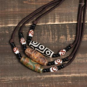 Chains Natural Tibetan Onyx 3 Eyes Dzi Pendant Necklace Adjustable Rope Chain Choker For Women And Men Buddhism Jewelry