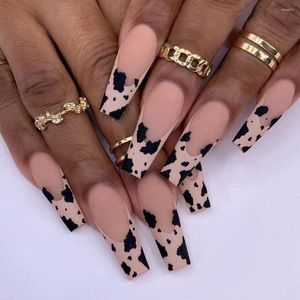 False Nails 24Pcs Long Coffin Fake Wearable Artificial Manicure Tool Detachable Coffee Color Leopard French Ballerina Press On