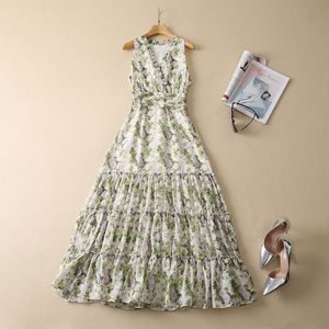 2023 Spring Multicolor Floral Print Paneled Dress Sleeveless V-Neck Midi Casual Dresses S3F281222 Plus Size XXL