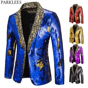 Mäns kostymer blazers lyxiga kungblå paljett glitter blazer jacka män blomma lapel 2 färgomvandling blazers mens nattklubb scen sångare custmes 230301