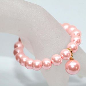 Strand Imitation Shell Pearl Round Beads High Grade Candy Color Pink 10mm Girls Beauty Gift Bracelet Elastic Rope Jewelry 7.5inch B1711