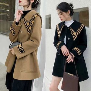 Damen-Wollmischungen, Designer-Herbst- und Winter-Hot-Coat, modischer Doppelkragen, bedruckt, einreihig, große Tasche, en EK8U