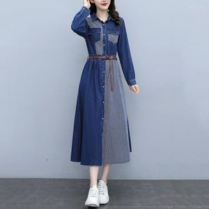 Casual Dresses Spring Autumn Denim Dress Women Vintage Striped Jeans High Street Fashion Long Shirt Robe Femme