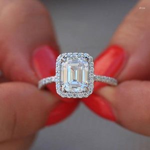 Cluster Rings Silver Color Wedding Engagement For Women Exquisite Rectangle Big Stone Zircon Ring Jewelry Size 6 To 10