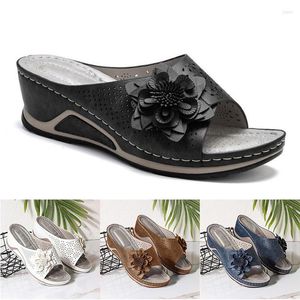 Sandals Shoes For Women 2023 Pu Leather Soft Footbed Orthopedic Arch-support Hollow Wedge Flower Summer Supply