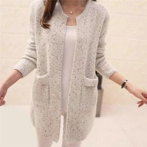 Kvinnors stickor i mellanlängd Cardigan Pockets Fashion Women Solid Sticked tröja Tunic Crochet Jacket Ladies Sweaters Outwear Coat