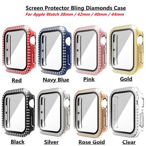 Bling Diamond Tempered Glass Watch Cases Film Screen Protecture Protective PC Bumper för Apple IWatch Series 6 5 4 3 2 44mm 42mm 40mm 38mm 41mm 45mm med detaljhandeln