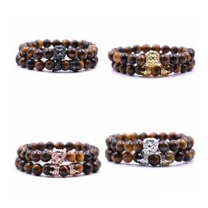 car dvr Beaded Strands 2 Pcs/Set Animal King Lion Head Tiger Eye Bracelet Black Natural Stone Crown Couple Braclet Sets For Men Hand Jewelr Dh1Rt