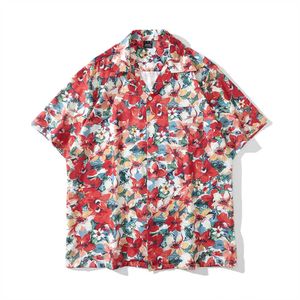 Camisas casuais masculinas, camisas havaianas de flor vermelha escura, homens de verão camisas de rua vintage para o homem z0224
