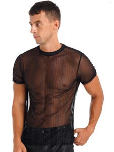 Men's T Shirts Sexy Mens Sheer Glitter Stripe Short Sleeve See-through Mesh Round Neck T-shirts Tee Top For Rave Dancing Party Clubwear