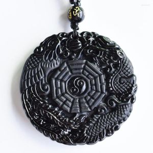 Anhänger-Halsketten, natürlicher schwarzer Obsidian, handgeschnitzter chinesischer Drache, Phönix, BaGua, Glücks-Amulett, kostenlose Halskette, modischer edler Schmuck